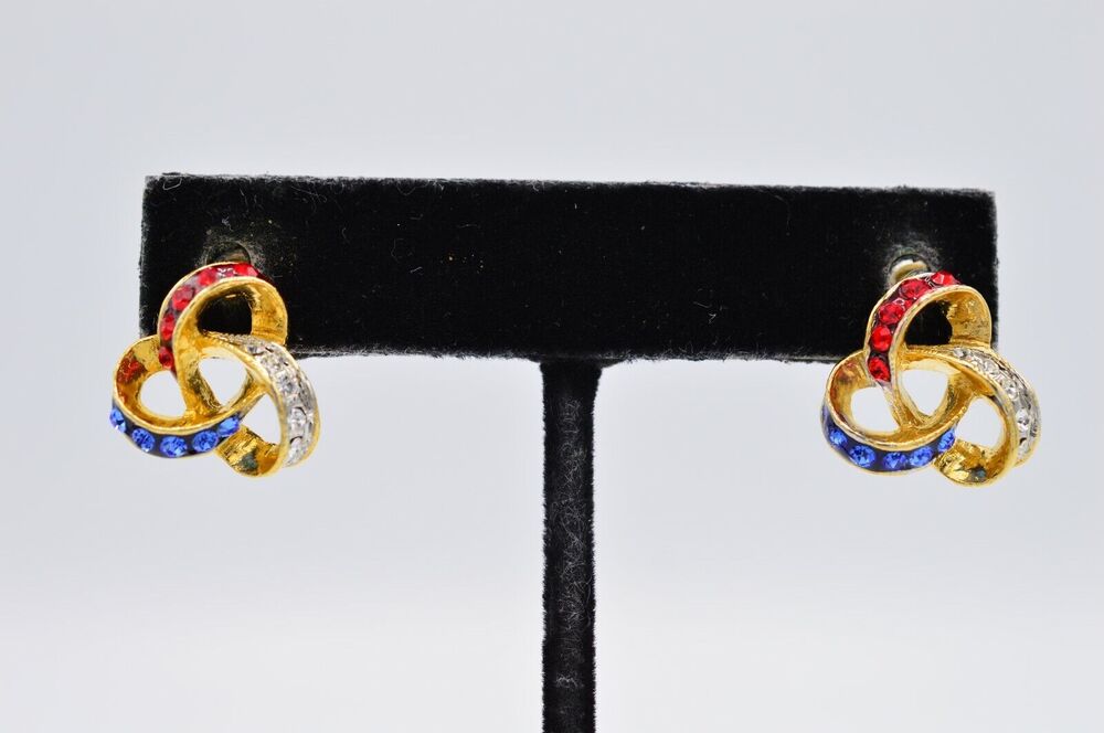 Vintage Earrings Stud Red White Blue USA Crystal Rhinestone Gold 1980s BinAB